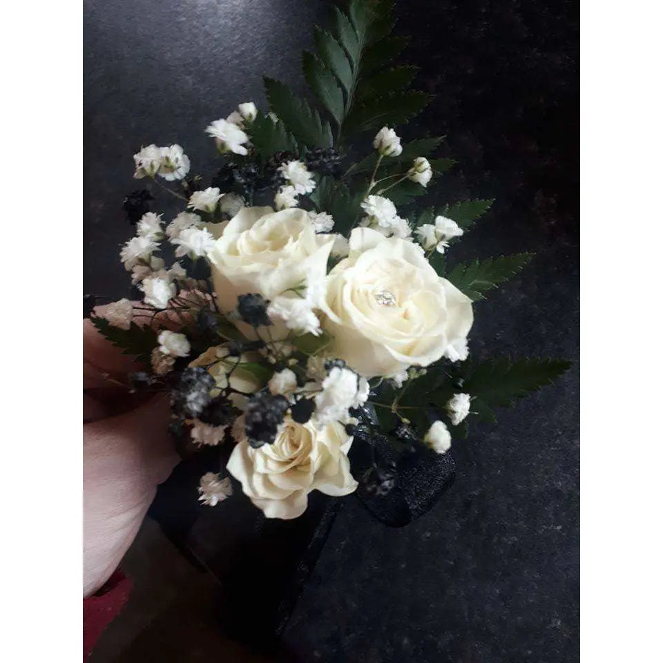 Corsages for Wedding - White Roses with Black, Large - Mandies Creations Florist